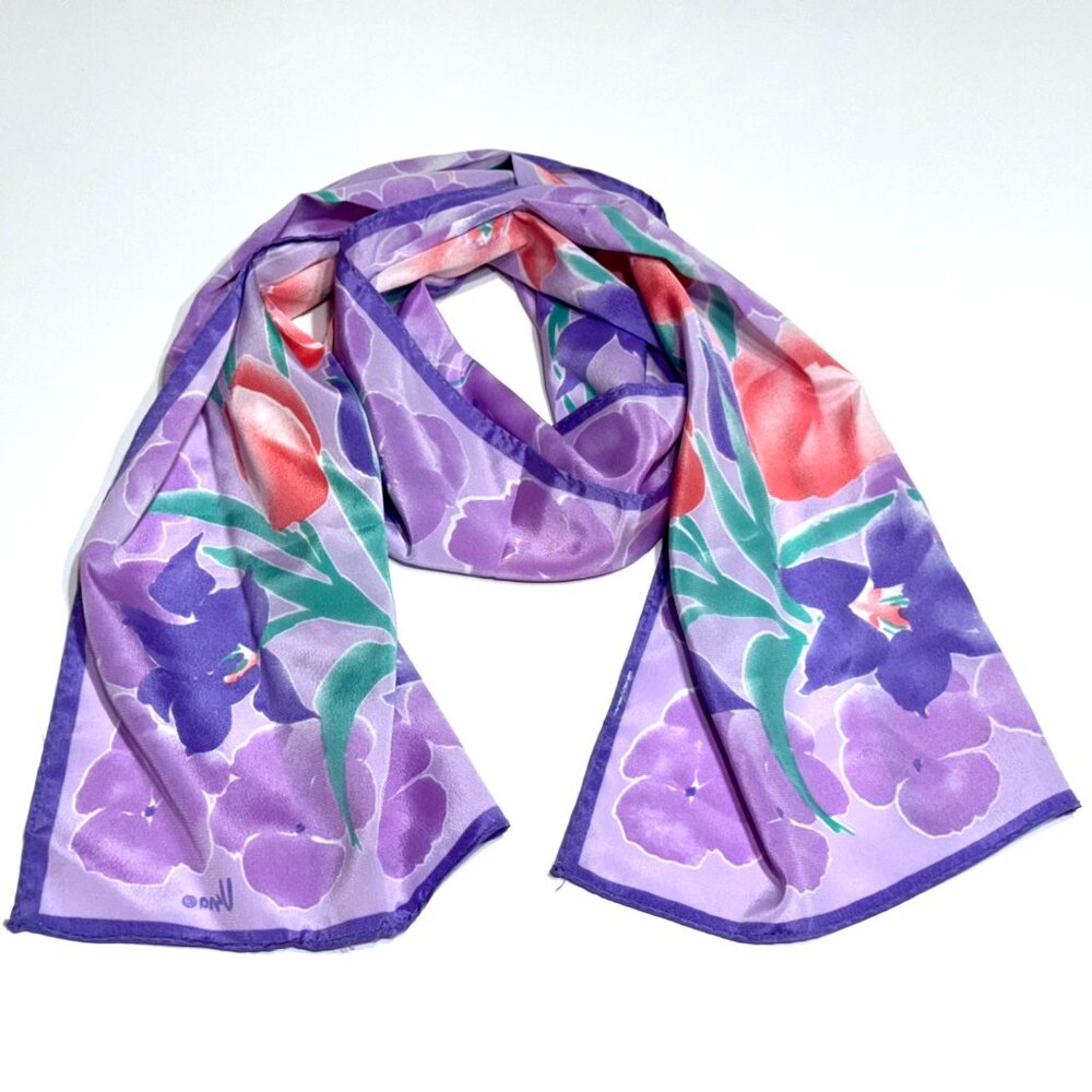 Vtg Vera Neumann Floral Silky Rectangle Scarf Tulips Purple Pink Large Scale - Picture 5 of 7